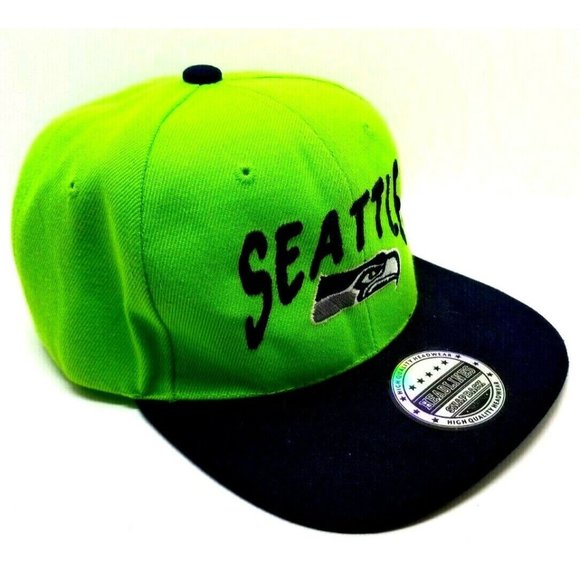 Seattle Seahawks Headlines Snapback Hat Cap Navy Blue & Neon Green (T11) - Picture 3 of 4